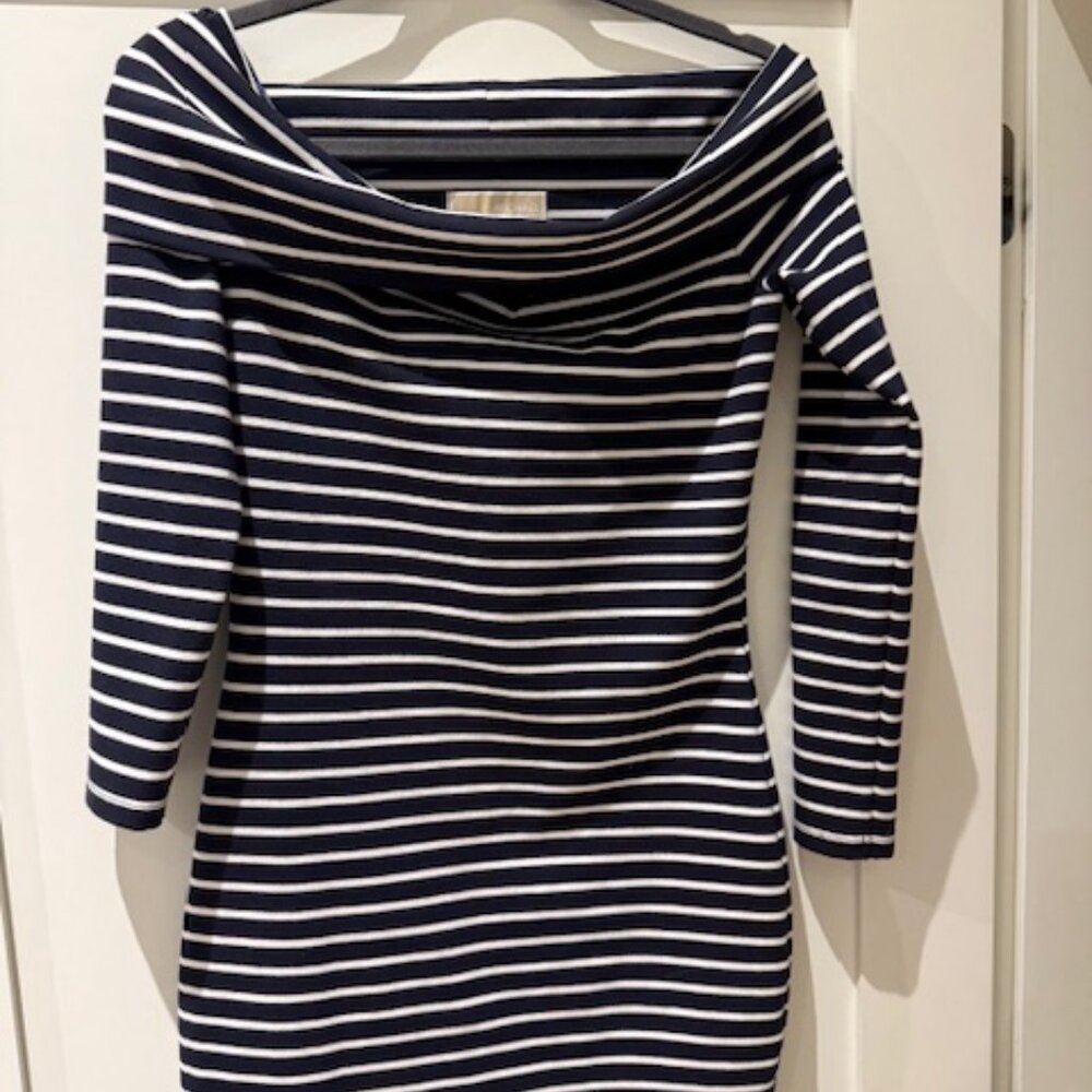 MICHAEL KORS Fitted Spandex Jersey Nautical Blue and White striped Dress
